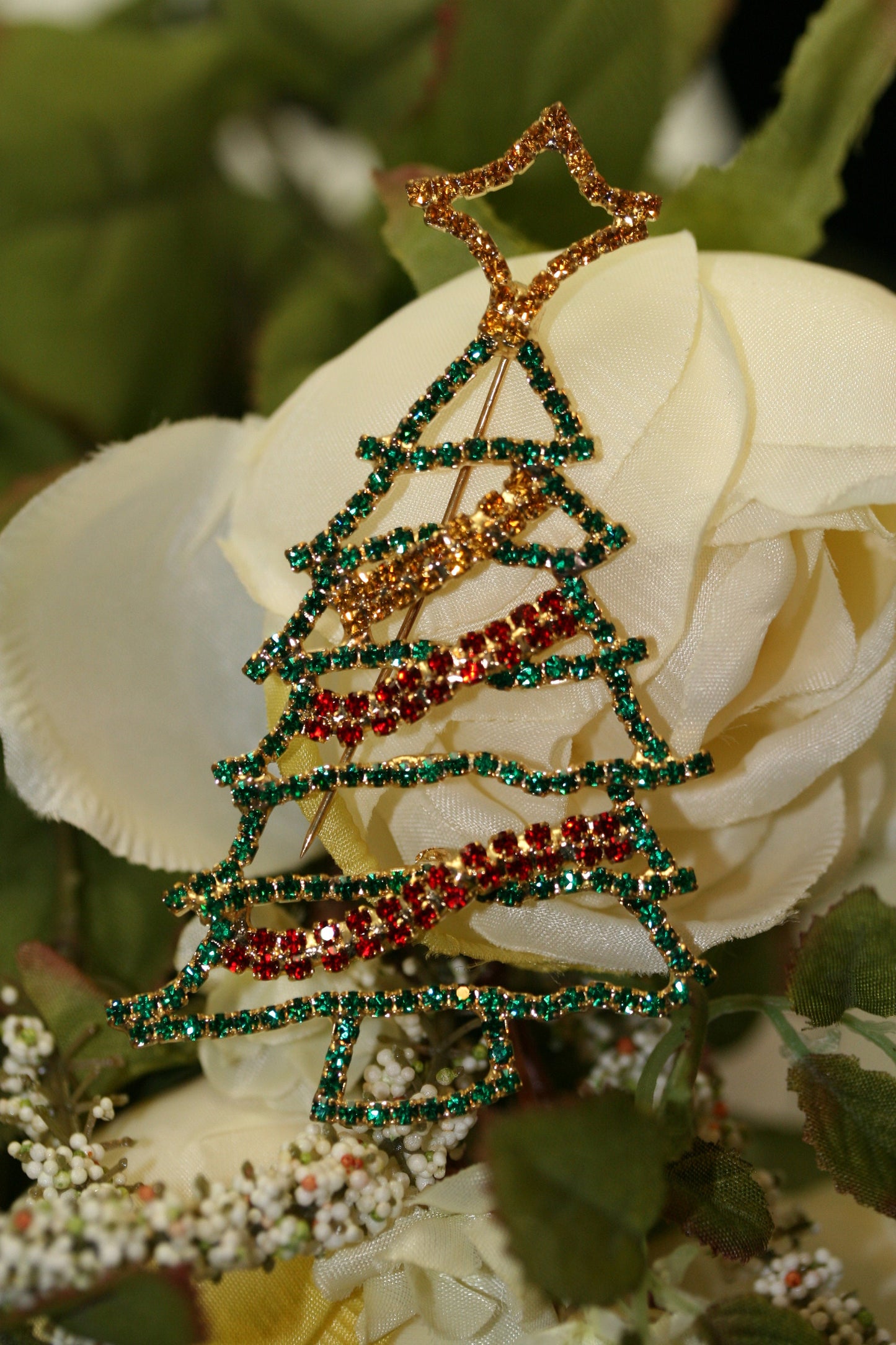 Christmas Rhinestone Jewelry, Vintage Gold-Tone Xmas Tree Brooch Pin, Fashion Holiday Jewelry