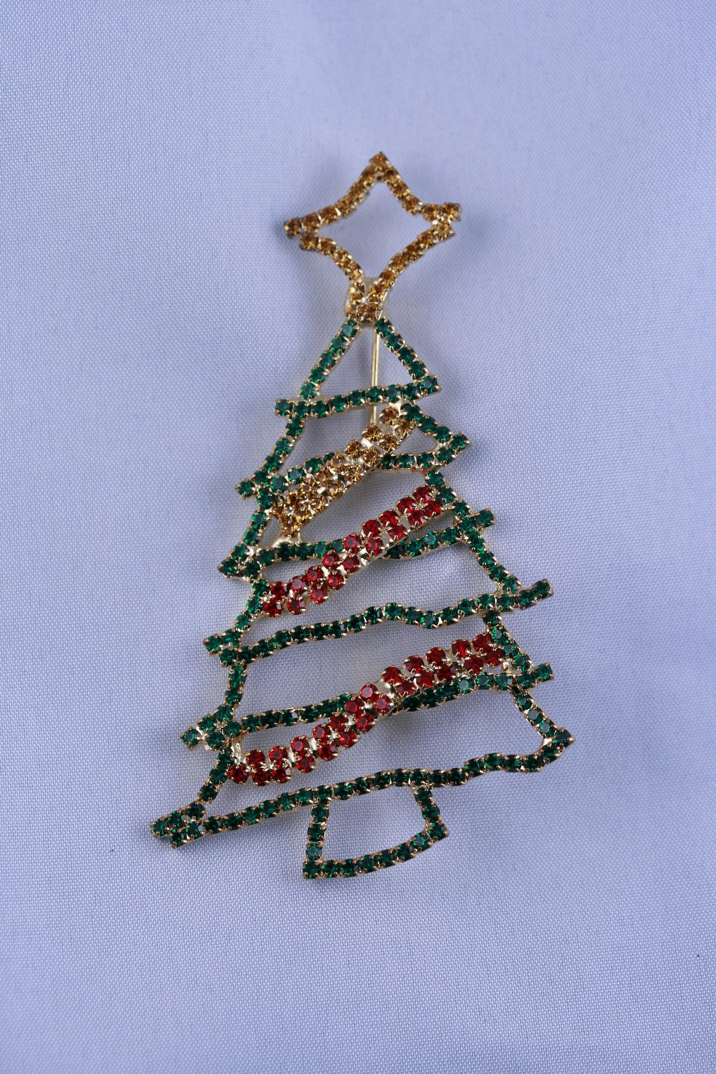 Christmas Rhinestone Jewelry, Vintage Gold-Tone Xmas Tree Brooch Pin, Fashion Holiday Jewelry