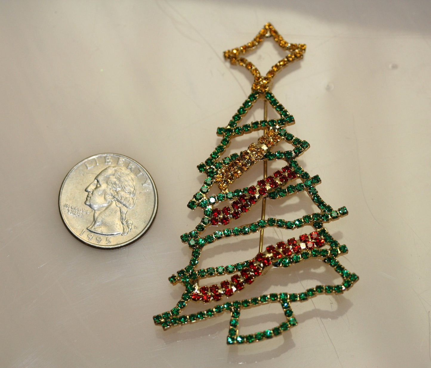 Christmas Rhinestone Jewelry, Vintage Gold-Tone Xmas Tree Brooch Pin, Fashion Holiday Jewelry