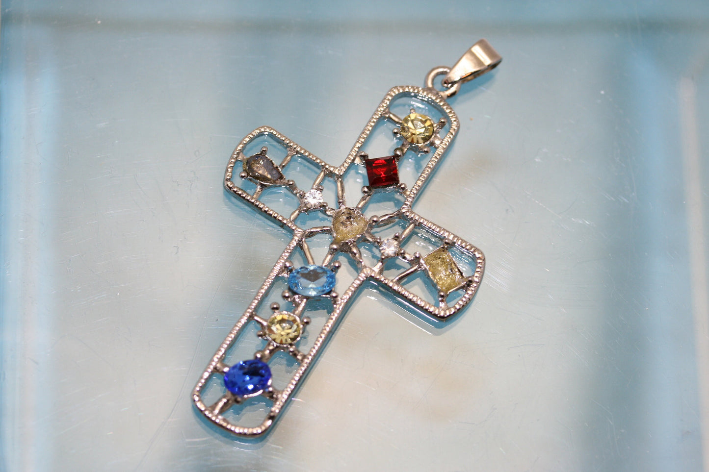 Silver Sparkling Multi Colors Rhinestone Cross Charm, Fashion Cross Pendant Charm