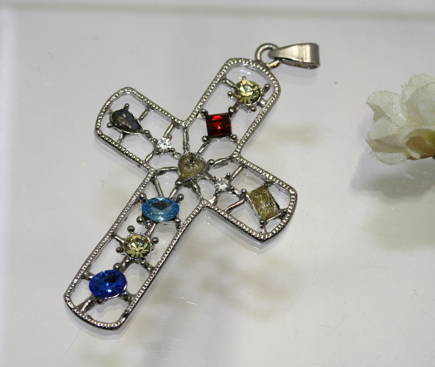 Silver Sparkling Multi Colors Rhinestone Cross Charm, Fashion Cross Pendant Charm