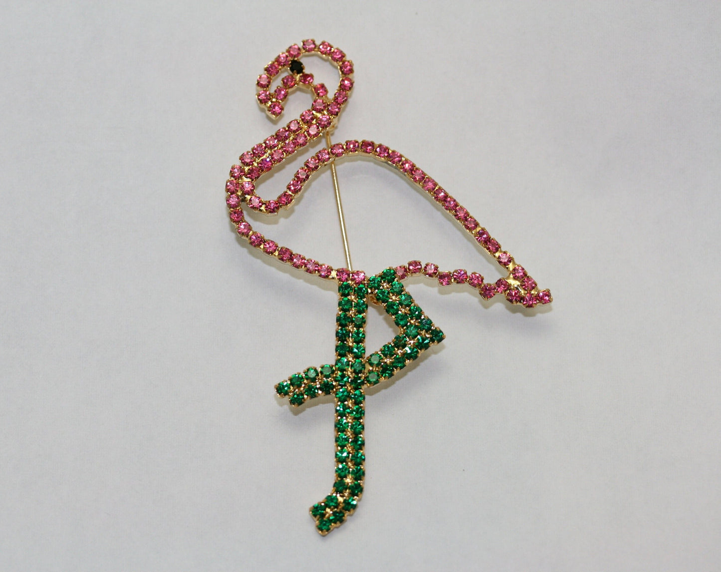 Vintage Pink & Green Rhinestone Figural Flamingo Brooch Pin Prong Set Rhinestone Collection Old Fashion Costume Jewelry
