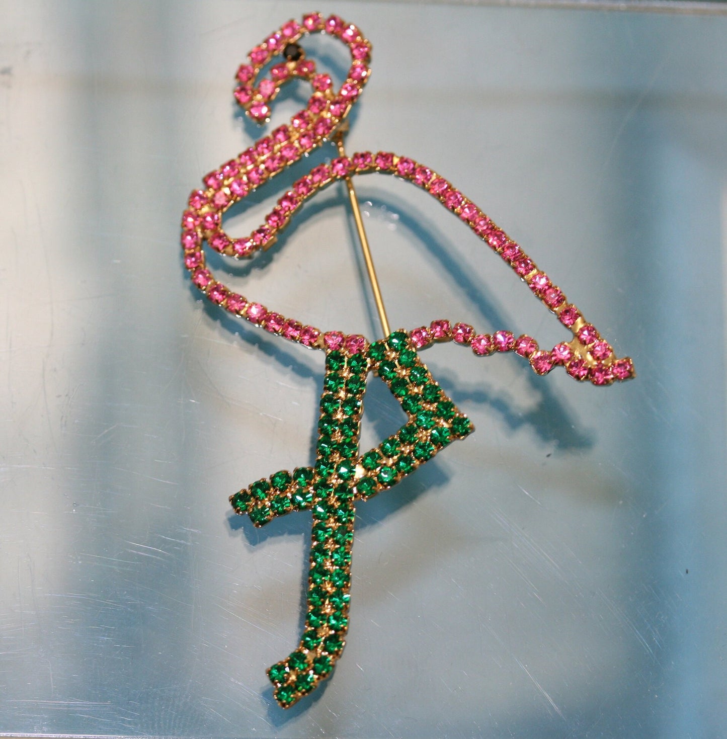 Vintage Pink & Green Rhinestone Figural Flamingo Brooch Pin Prong Set Rhinestone Collection Old Fashion Costume Jewelry