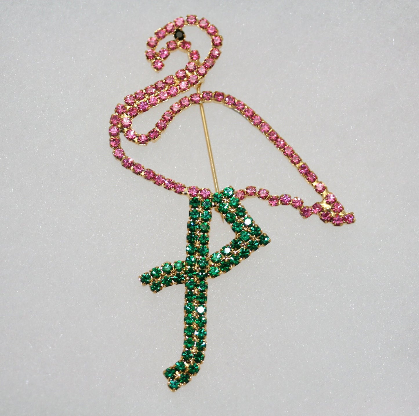 Vintage Pink & Green Rhinestone Figural Flamingo Brooch Pin Prong Set Rhinestone Collection Old Fashion Costume Jewelry
