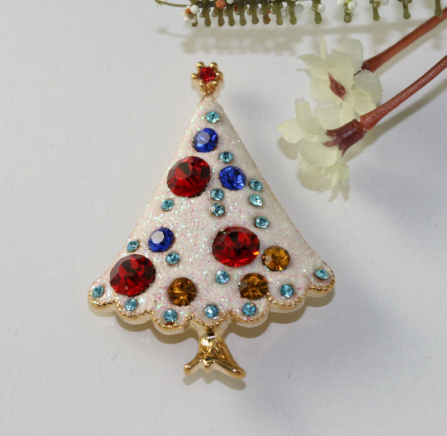 White Glitter Rhinestone Christmas Tree Brooch, Xmas Holiday Gift Jewelry
