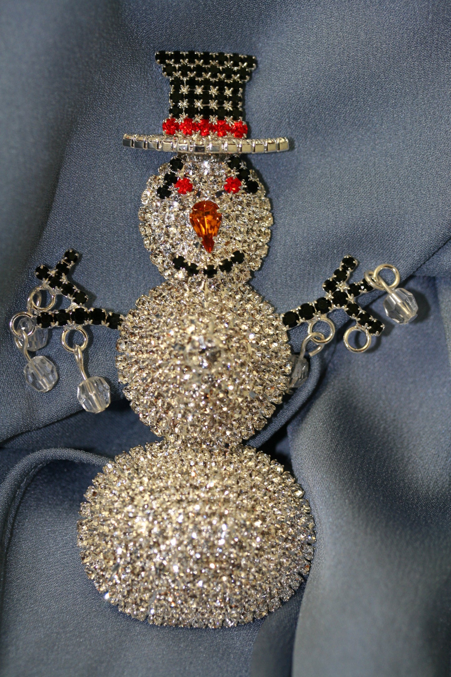 Christmas Snowman Rhinestone Brooch, Large 3D Snowman Pin, Xmas Holiday Jewelry Gift.