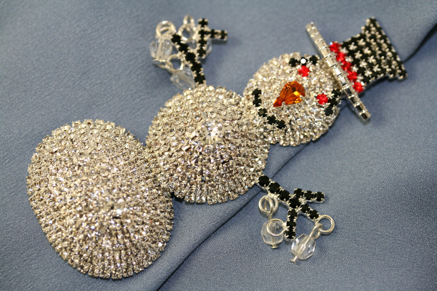 Christmas Snowman Rhinestone Brooch, Large 3D Snowman Pin, Xmas Holiday Jewelry Gift.