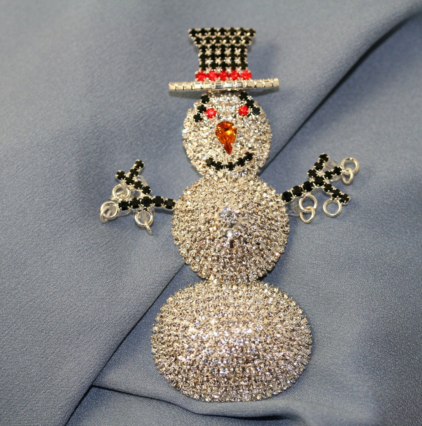 Christmas Snowman Rhinestone Brooch, Large 3D Snowman Pin, Xmas Holiday Jewelry Gift.