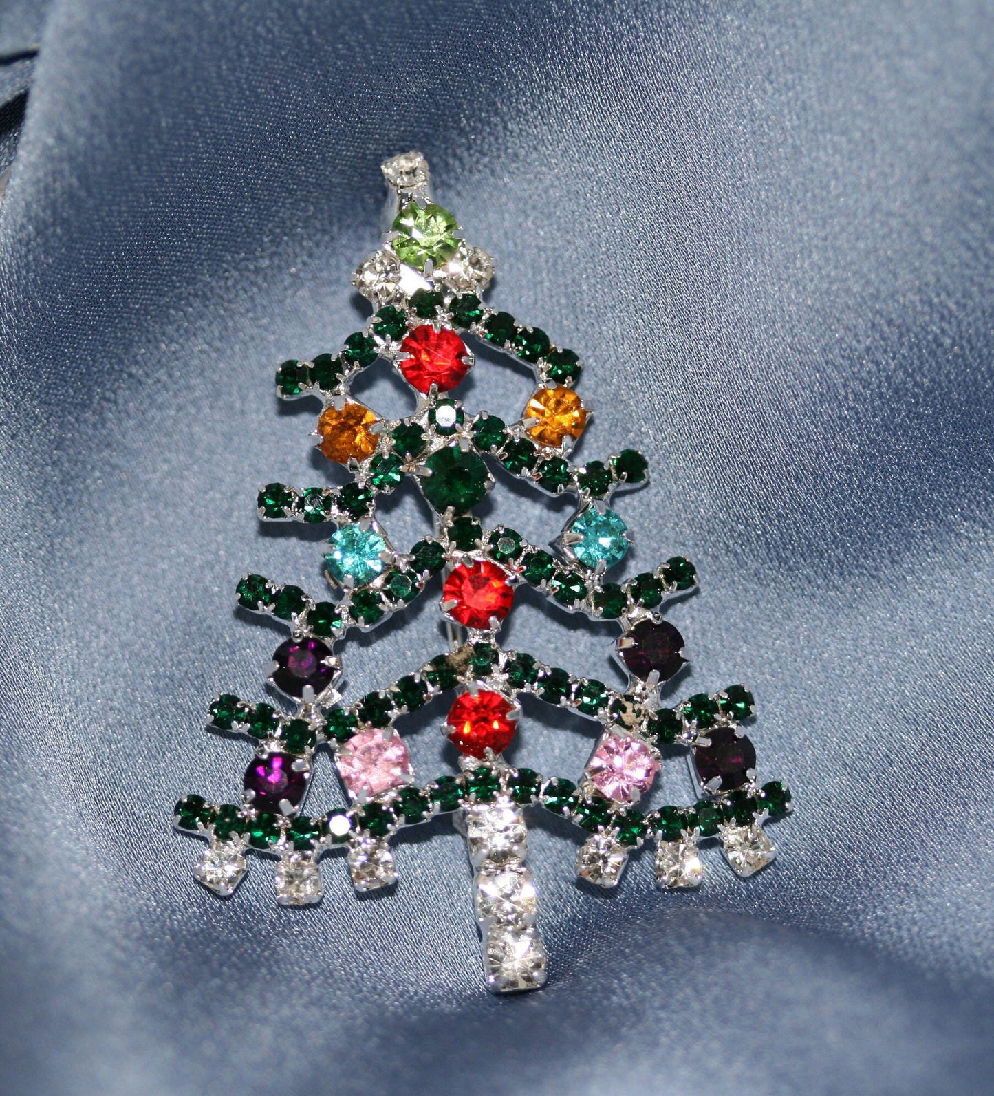 Multicolor Jewel Tone Rhinestone Christmas Tree Brooch, Pin, Holiday Jewelry Gift