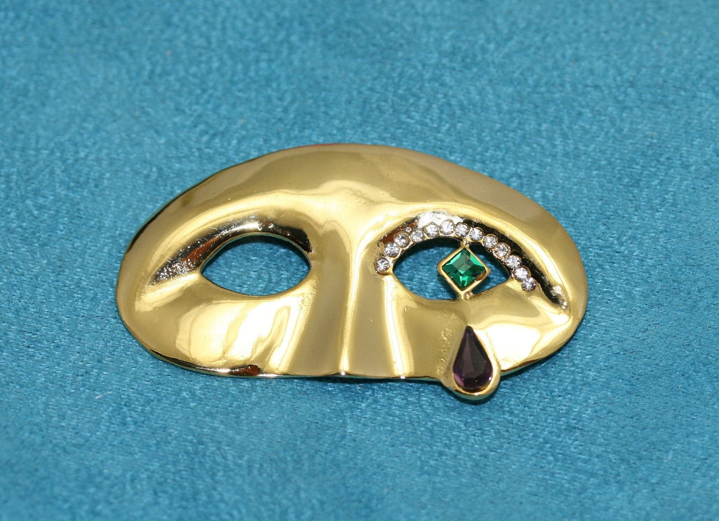 Vintage Tear Drop Mask Actor Rhinestone Crystal Gold Tone Red Green Pin Brooch