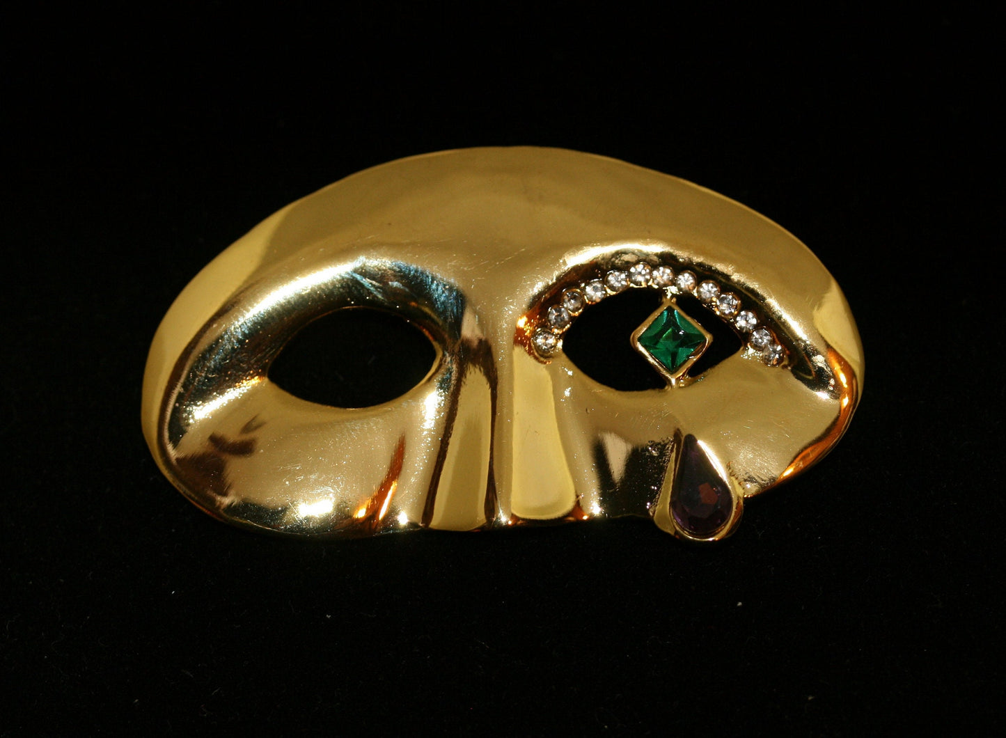 Vintage Tear Drop Mask Actor Rhinestone Crystal Gold Tone Red Green Pin Brooch