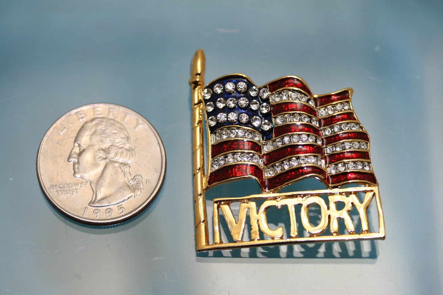 Red White Blue USA Patriotic Flag Rhinestone Pin Brooch, Vintage 4th July Jewelry Victory Brooch