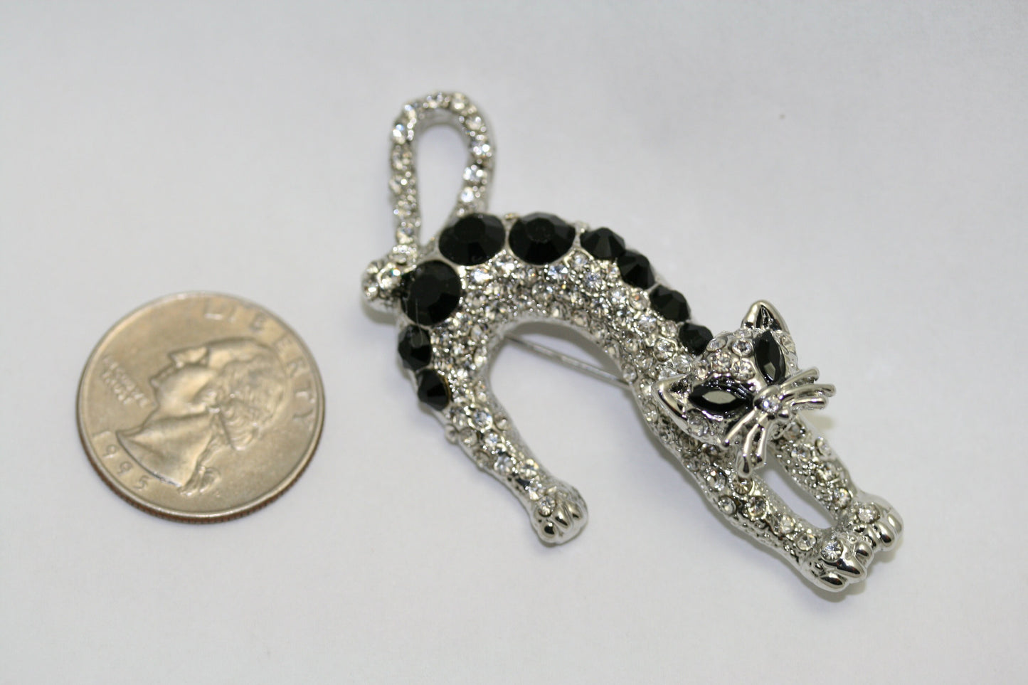 Cat brooch, Silver-Tone Black Rhinestone Cat Pin, Halloween Cat Jewelry