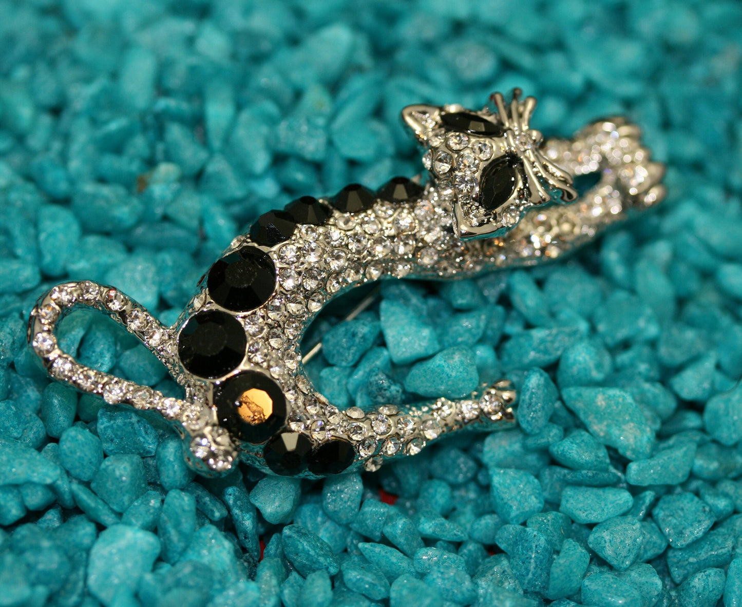 Cat brooch, Silver-Tone Black Rhinestone Cat Pin, Halloween Cat Jewelry