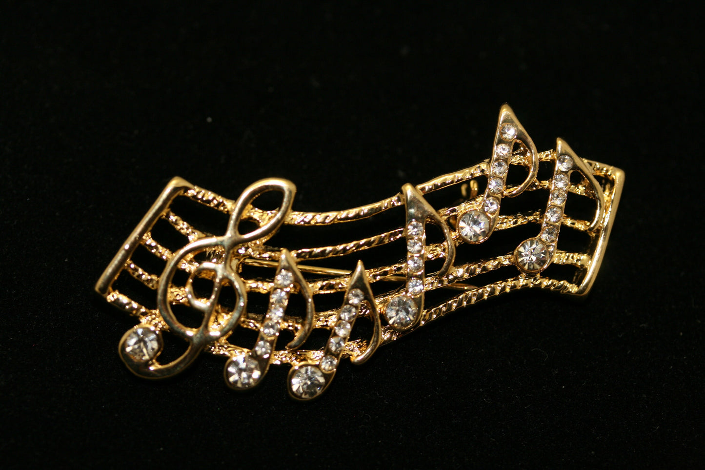 Vintage Rhinestone Gold-Tone Music Note Bar Brooch Pin, Music Note Jewelry