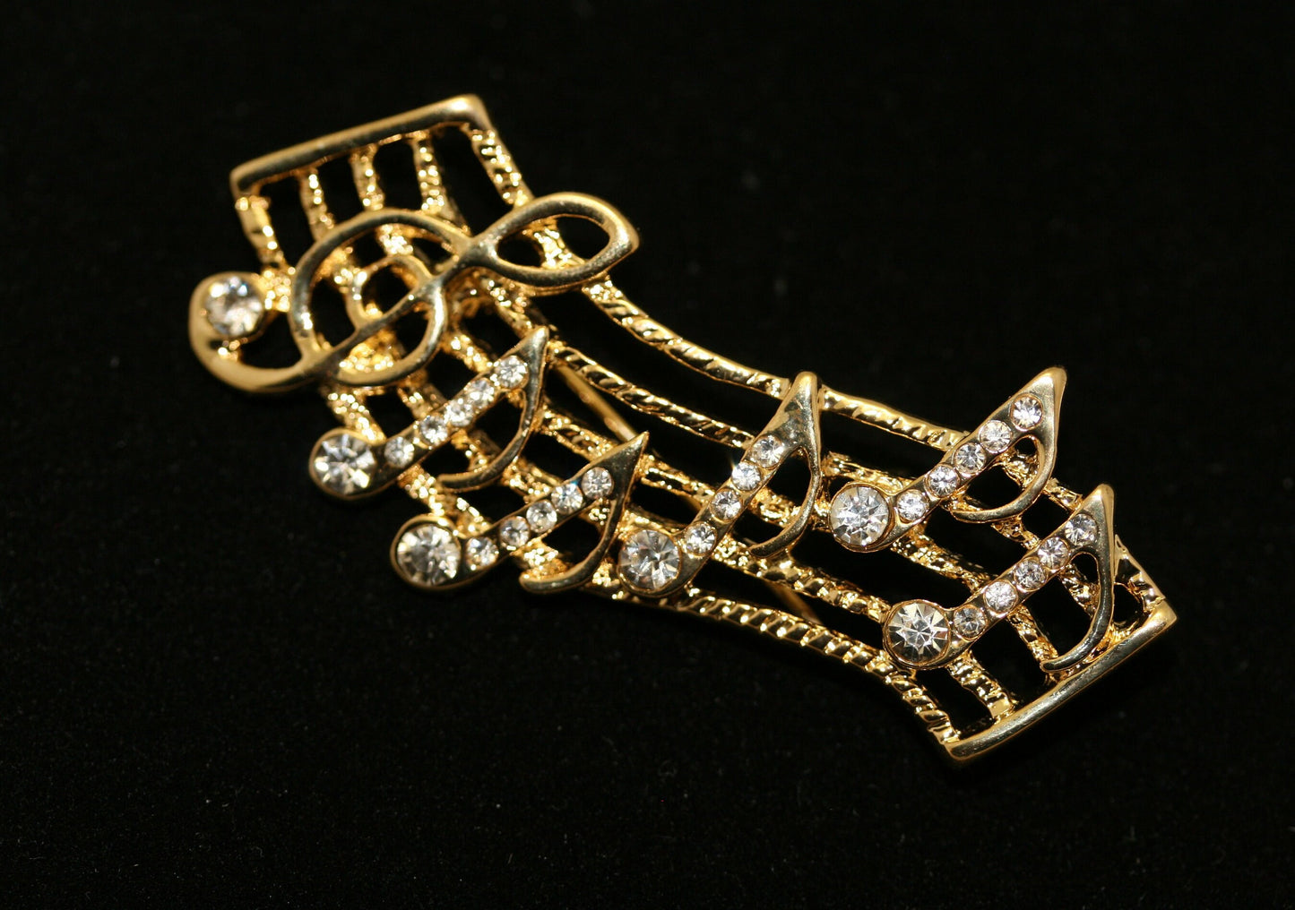 Vintage Rhinestone Gold-Tone Music Note Bar Brooch Pin, Music Note Jewelry