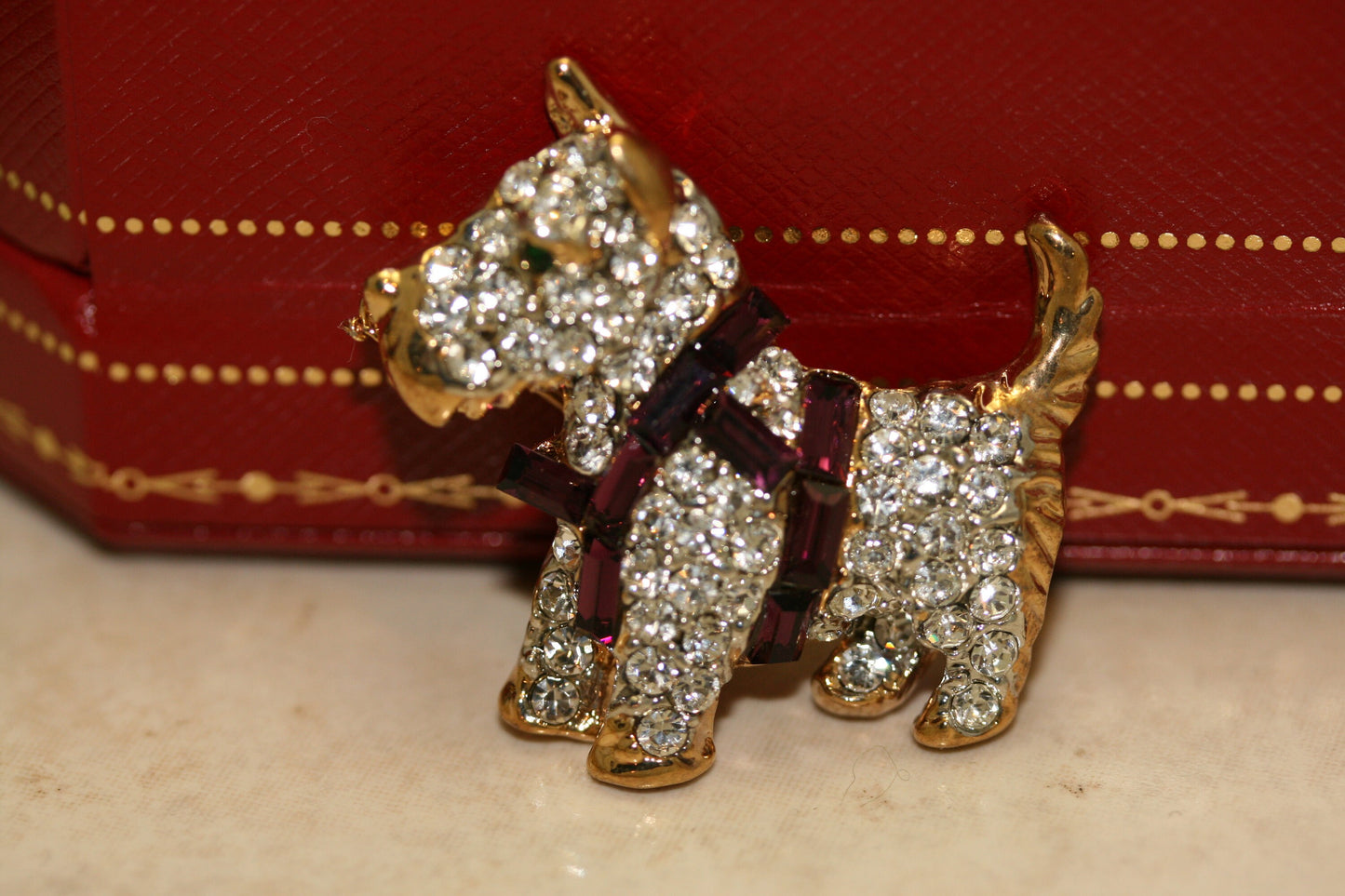 Vintage Scottish Dog Brooch Pin Pave Rhinestones Purple Harness Cute Puppy Dog Figural Pin