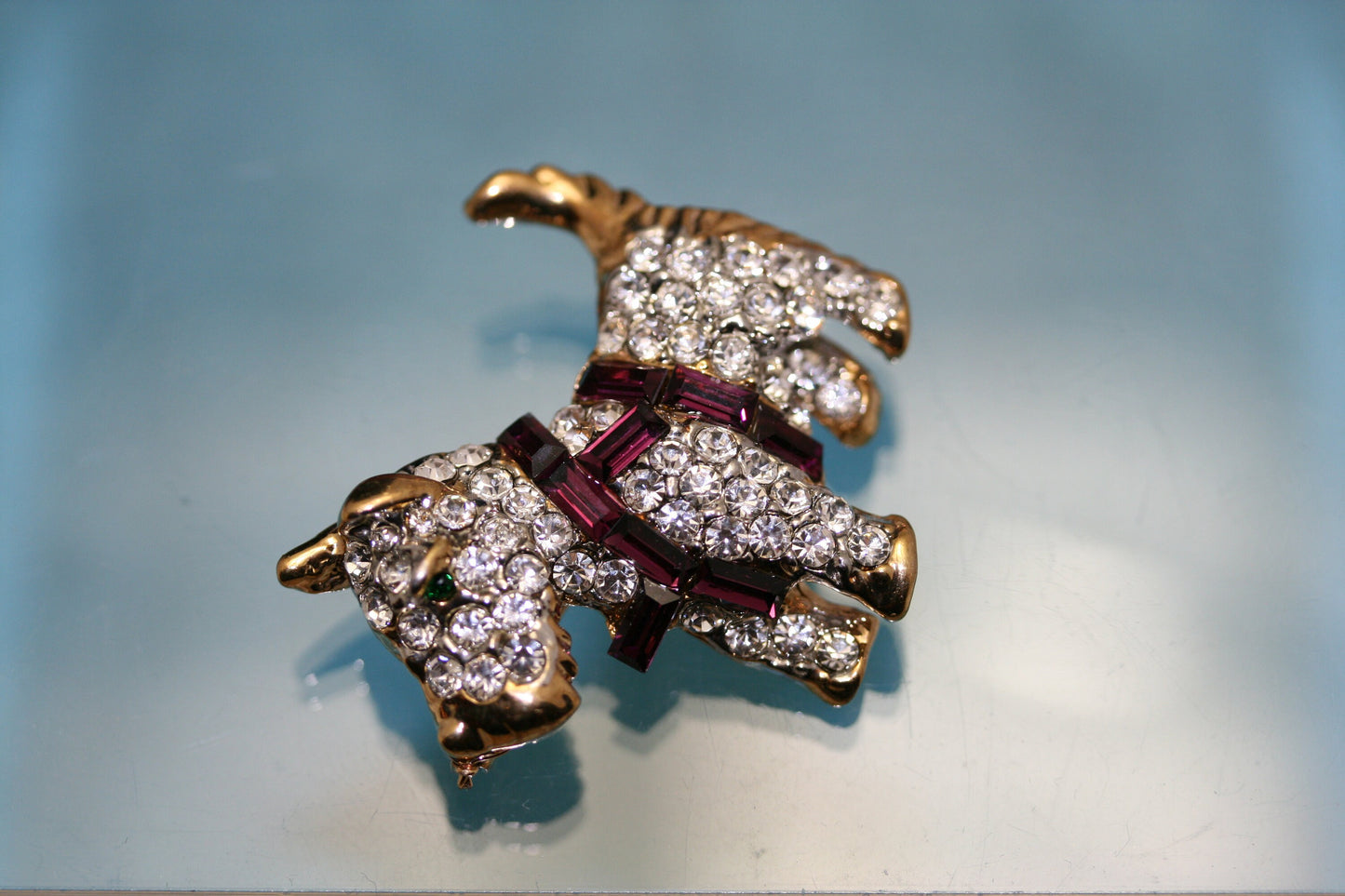 Vintage Scottish Dog Brooch Pin Pave Rhinestones Purple Harness Cute Puppy Dog Figural Pin