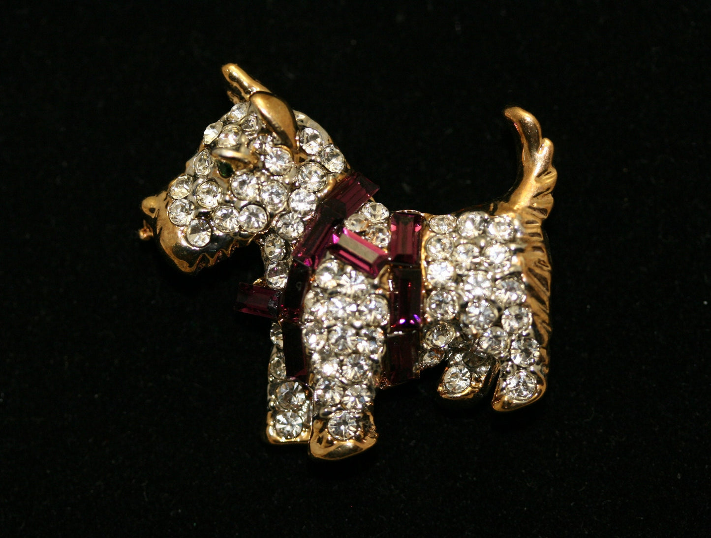 Vintage Scottish Dog Brooch Pin Pave Rhinestones Purple Harness Cute Puppy Dog Figural Pin