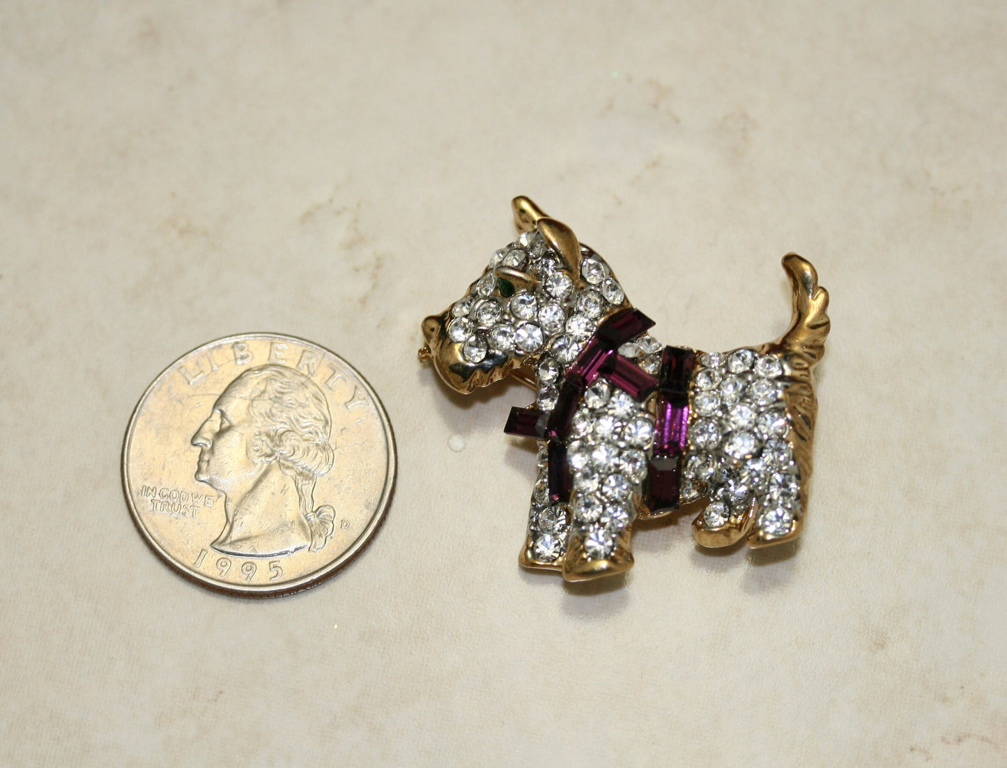 Vintage Scottish Dog Brooch Pin Pave Rhinestones Purple Harness Cute Puppy Dog Figural Pin
