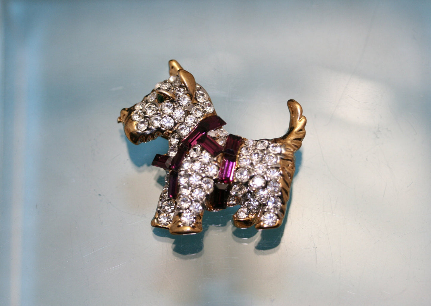 Vintage Scottish Dog Brooch Pin Pave Rhinestones Purple Harness Cute Puppy Dog Figural Pin