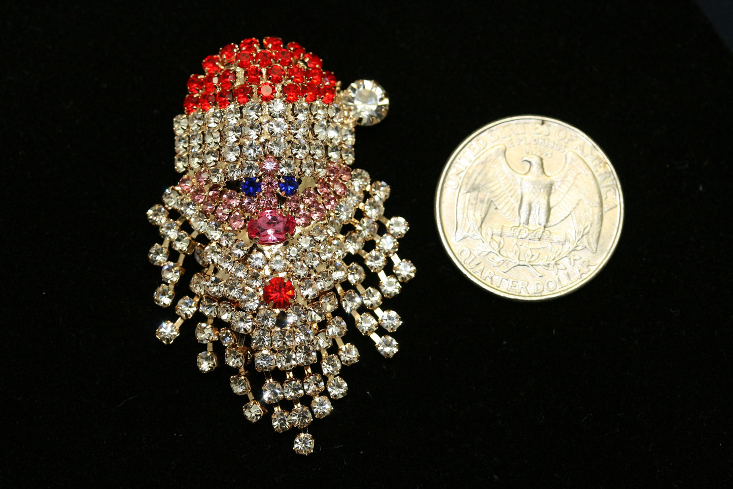 Vintage Sparkly Rhinestone Santa Claus Face Brooch Pin and Earrings Set, Xmas Holiday Jewelry Gift