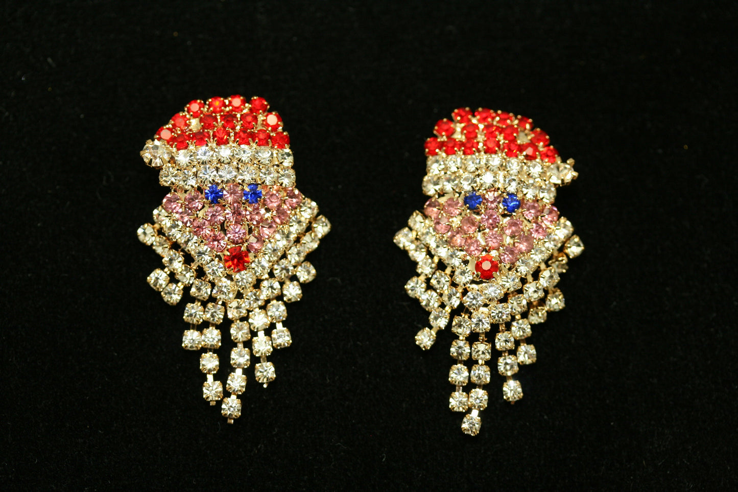 Vintage Sparkly Rhinestone Santa Claus Face Brooch Pin and Earrings Set, Xmas Holiday Jewelry Gift