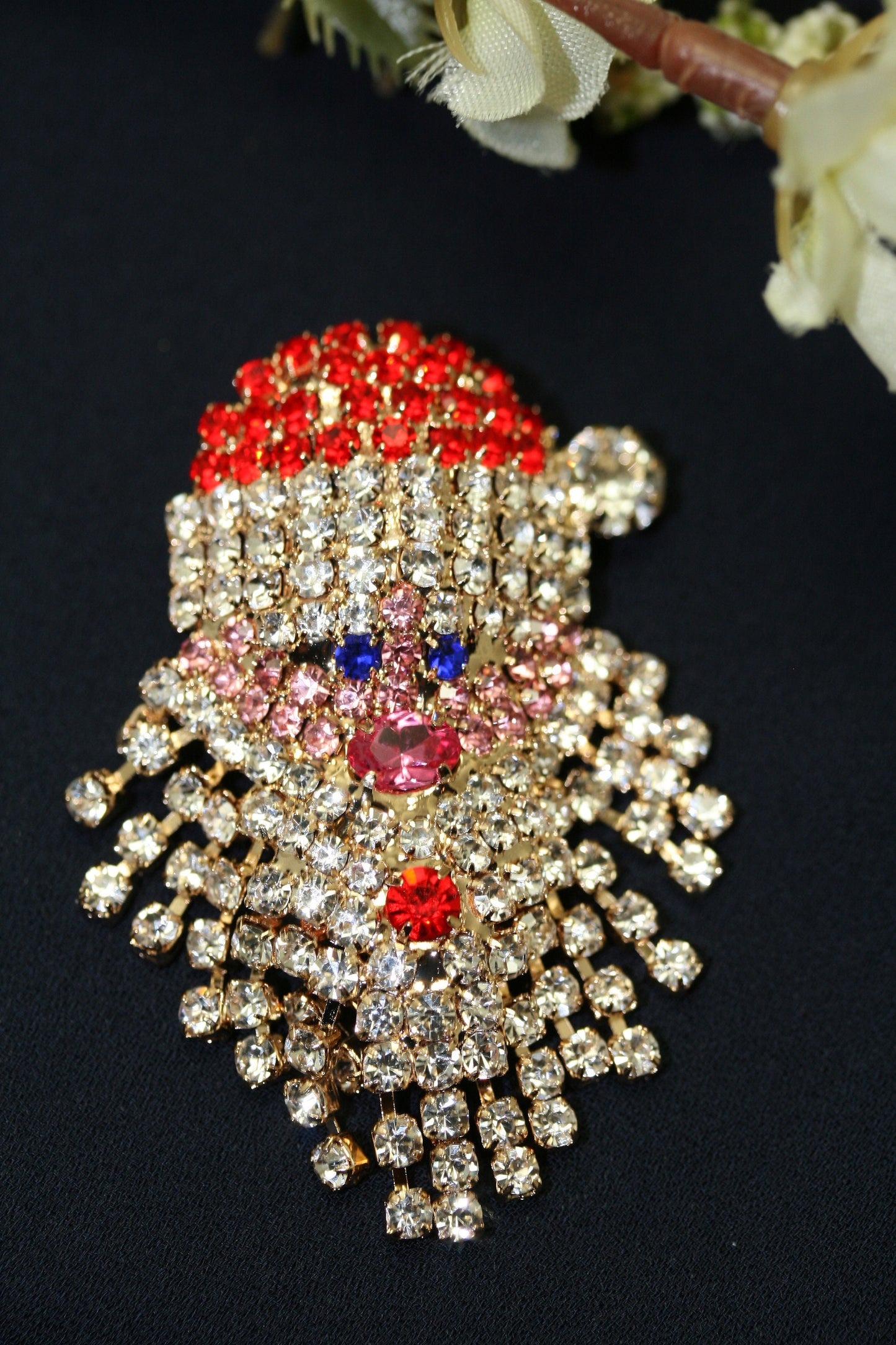 Vintage Sparkly Rhinestone Santa Claus Face Brooch Pin and Earrings Set, Xmas Holiday Jewelry Gift
