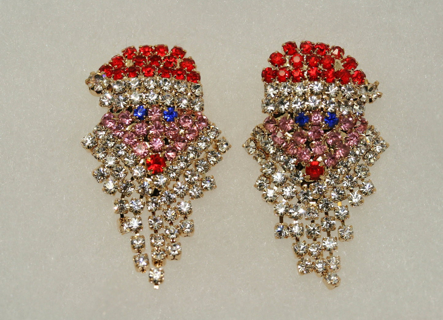 Vintage Sparkly Rhinestone Santa Claus Face Brooch Pin and Earrings Set, Xmas Holiday Jewelry Gift