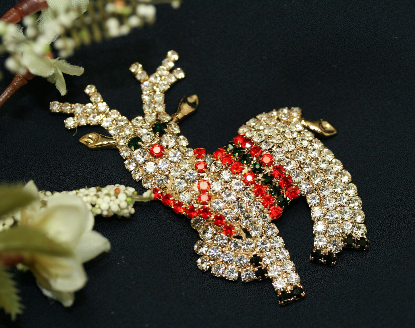 Christmas Crystal Speckled Reindeer Brooch, Rhinestone Santa's Majestic Reindeer Pin, Xmas Holiday Jewelry Gift
