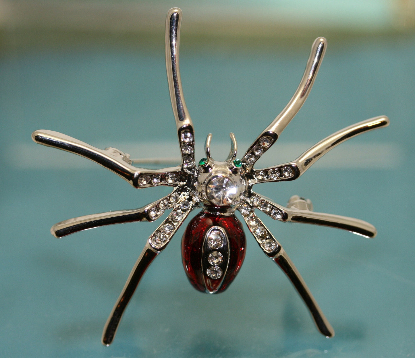 Silver Plated Clear Rhinestone and Red Enamel Spider Brooch Halloween Spider Pin, Holiday Costume Jewelry