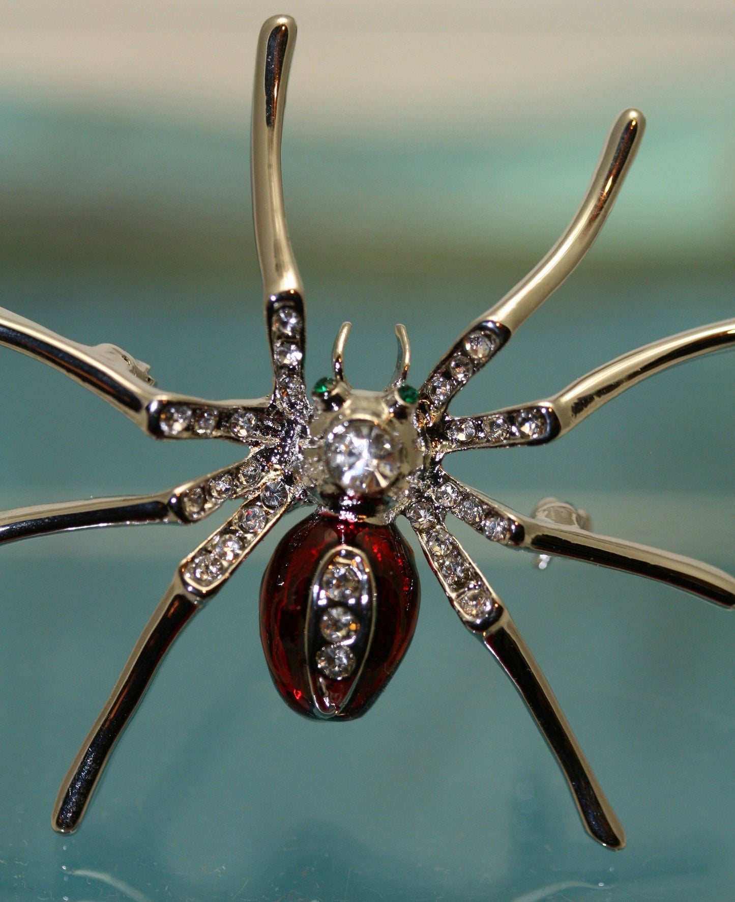 Silver Plated Clear Rhinestone and Red Enamel Spider Brooch Halloween Spider Pin, Holiday Costume Jewelry