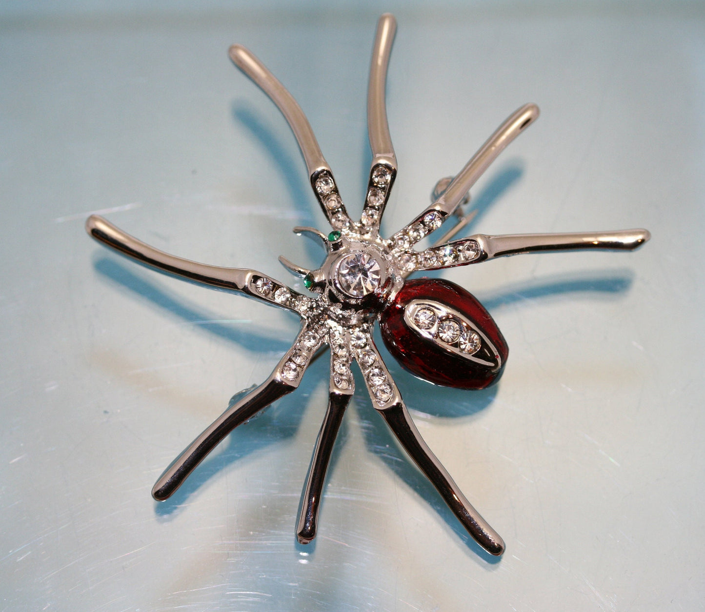 Silver Plated Clear Rhinestone and Red Enamel Spider Brooch Halloween Spider Pin, Holiday Costume Jewelry