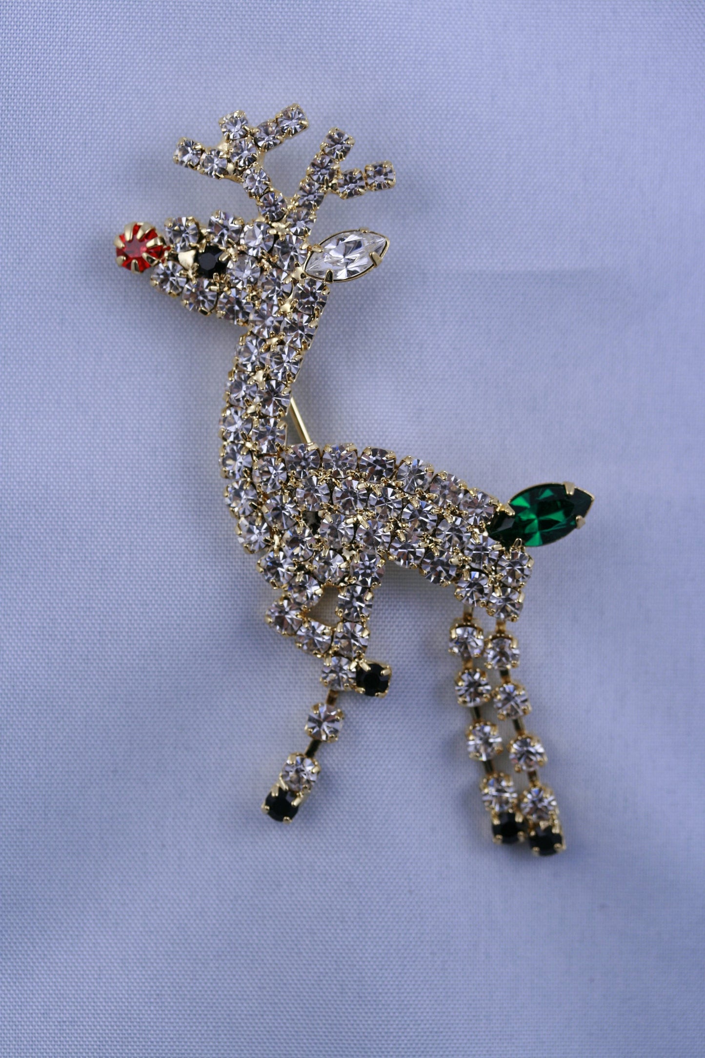 Rhinestone Rudolph Reindeer Christmas Pin Brooch, MOVABLE LEGS, Xmas Holiday Costume Jewelry Gift