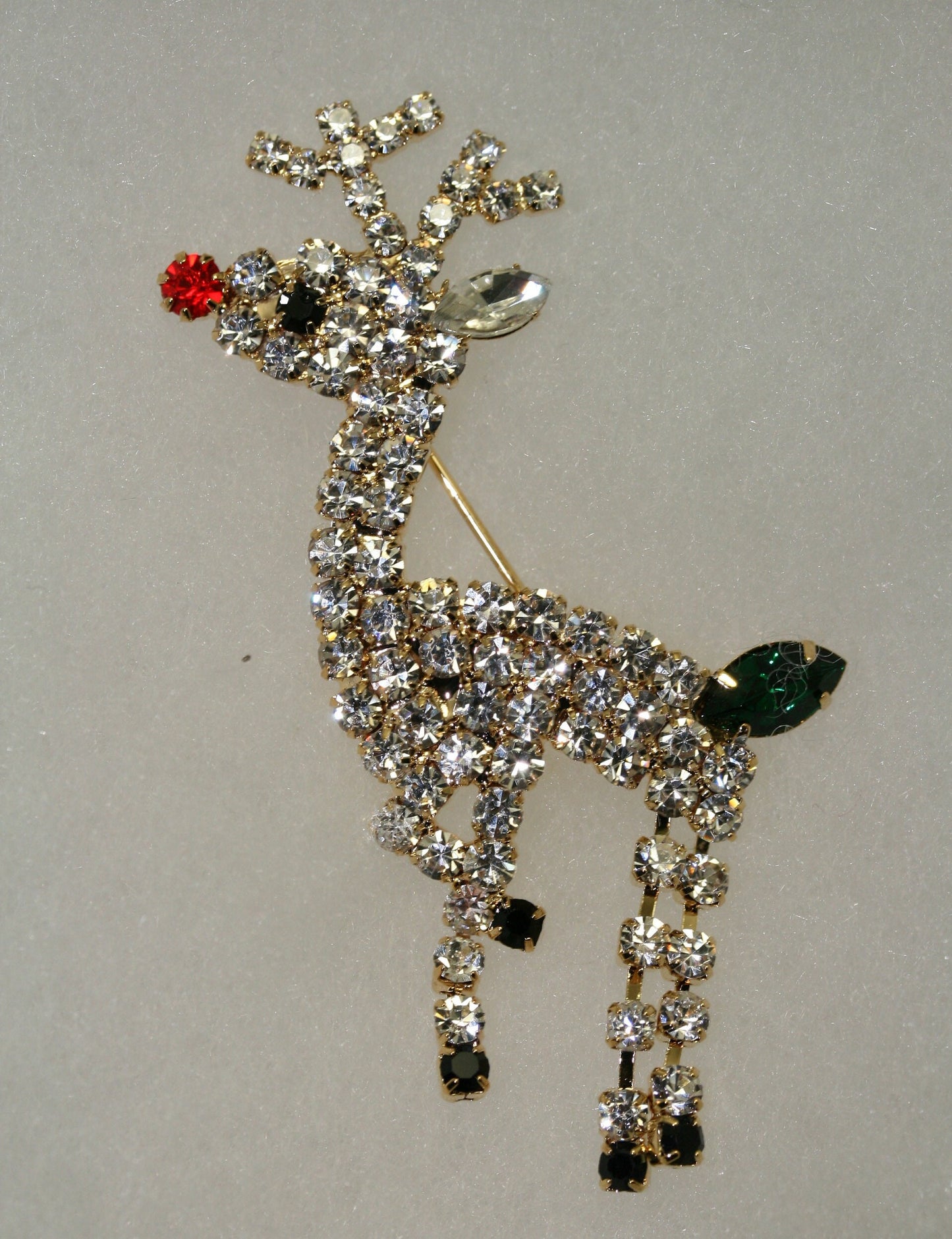 Rhinestone Rudolph Reindeer Christmas Pin Brooch, MOVABLE LEGS, Xmas Holiday Costume Jewelry Gift