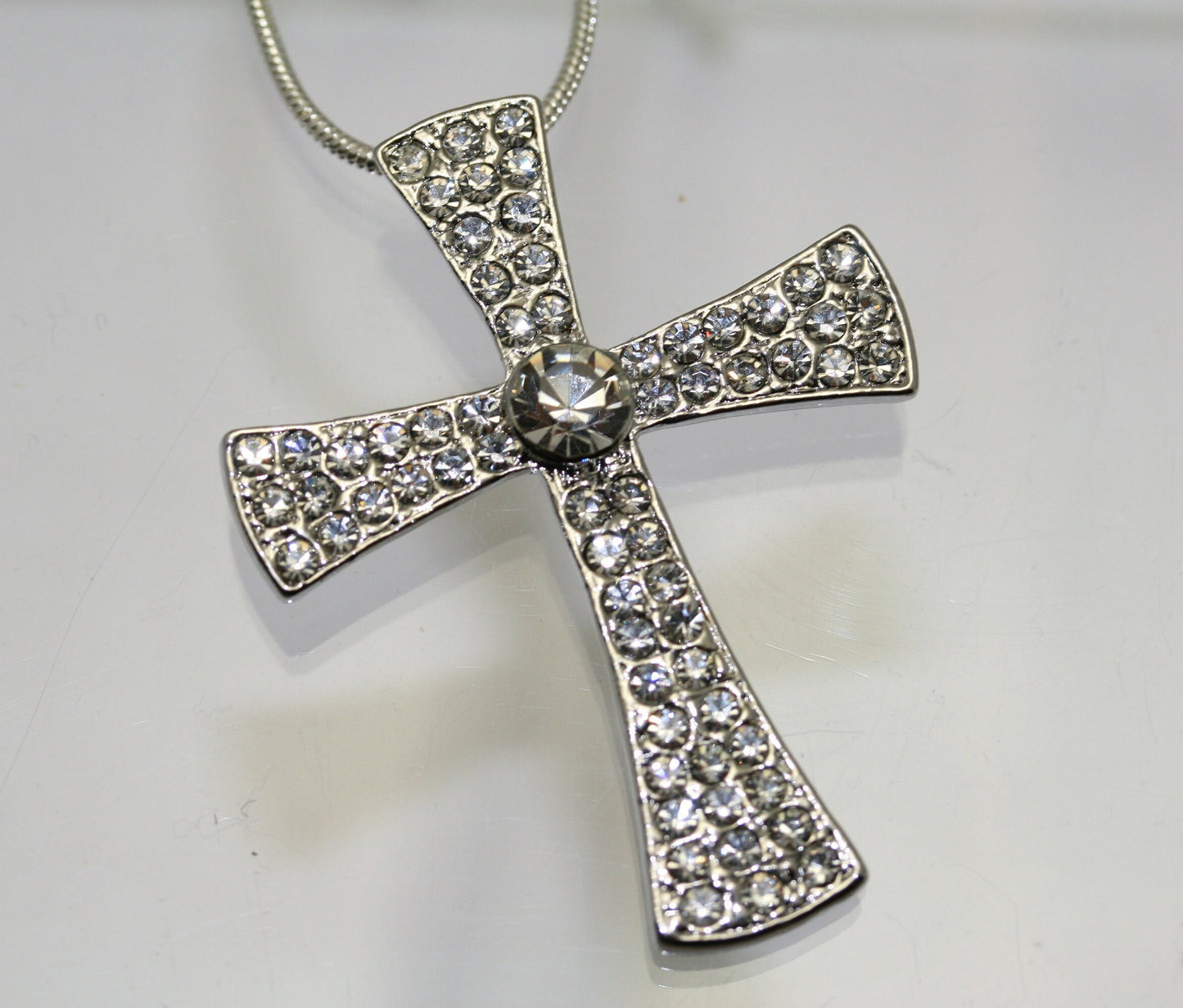 Silver Plated Rhinestone Etched Cross Pendant & Chain Necklace, Cross Pendant, Crystal Cross Jewelry Gift