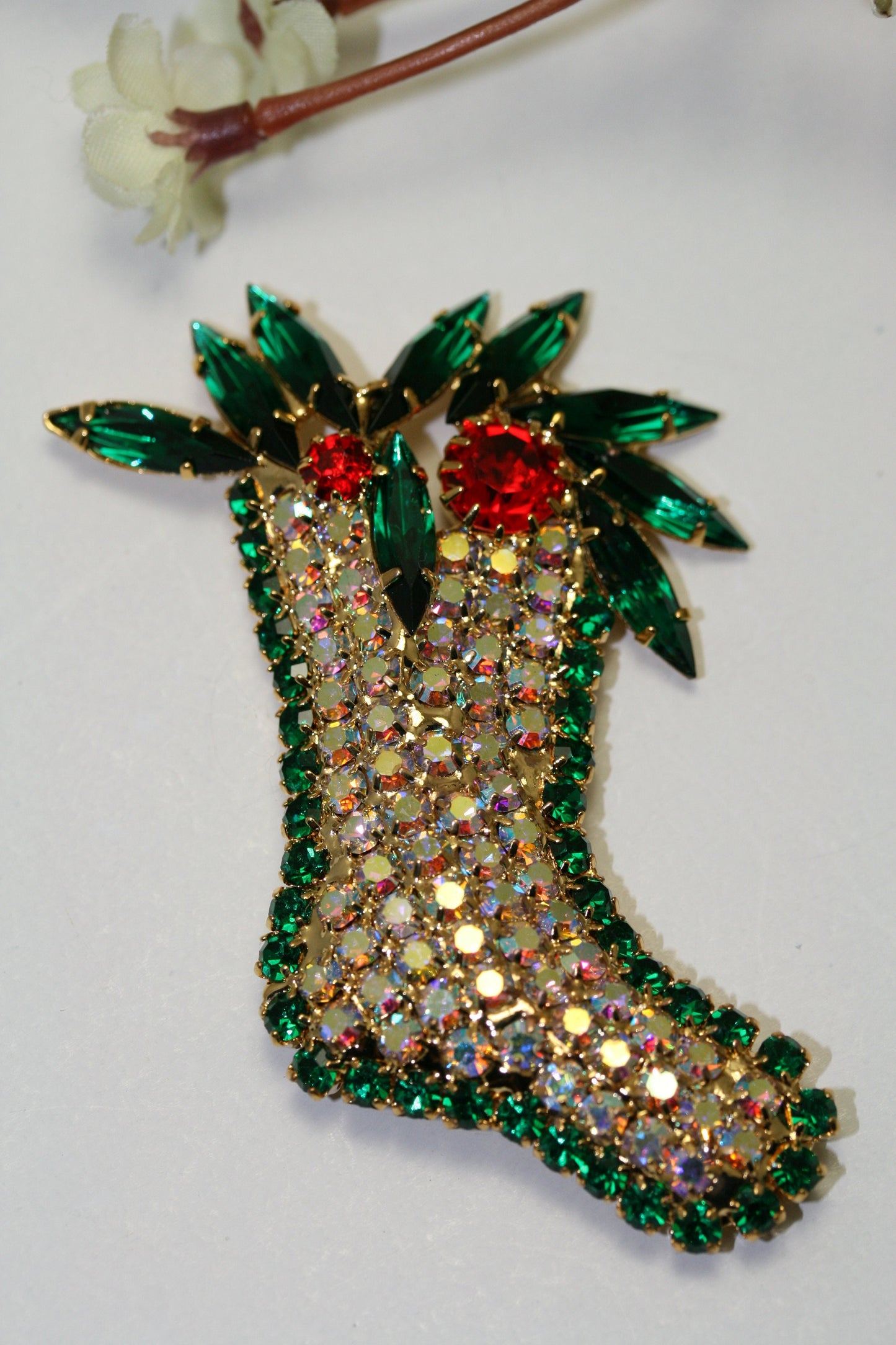 Christmas Sparkling Stocking Holly Figural Pin Brooch Quality Xmas Holiday Jewelry Gift