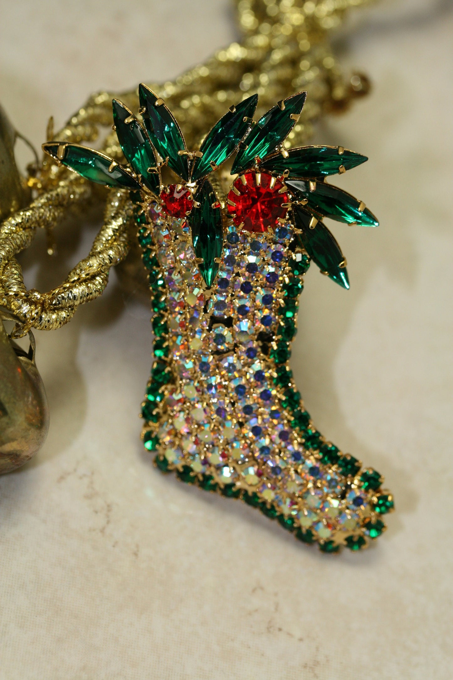 Christmas Sparkling Stocking Holly Figural Pin Brooch Quality Xmas Holiday Jewelry Gift