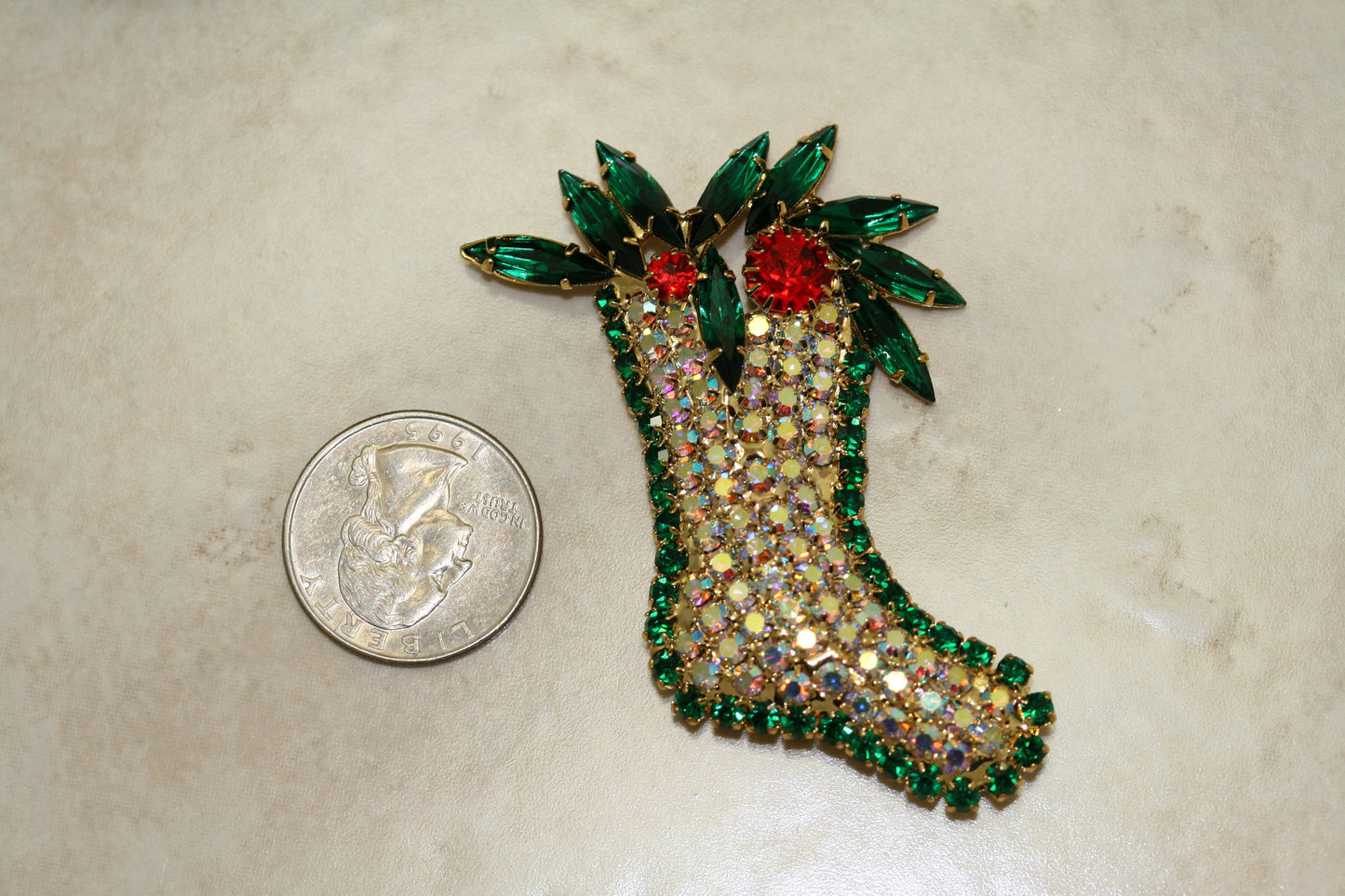 Christmas Sparkling Stocking Holly Figural Pin Brooch Quality Xmas Holiday Jewelry Gift