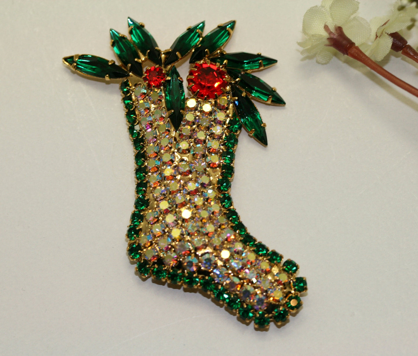 Christmas Sparkling Stocking Holly Figural Pin Brooch Quality Xmas Holiday Jewelry Gift