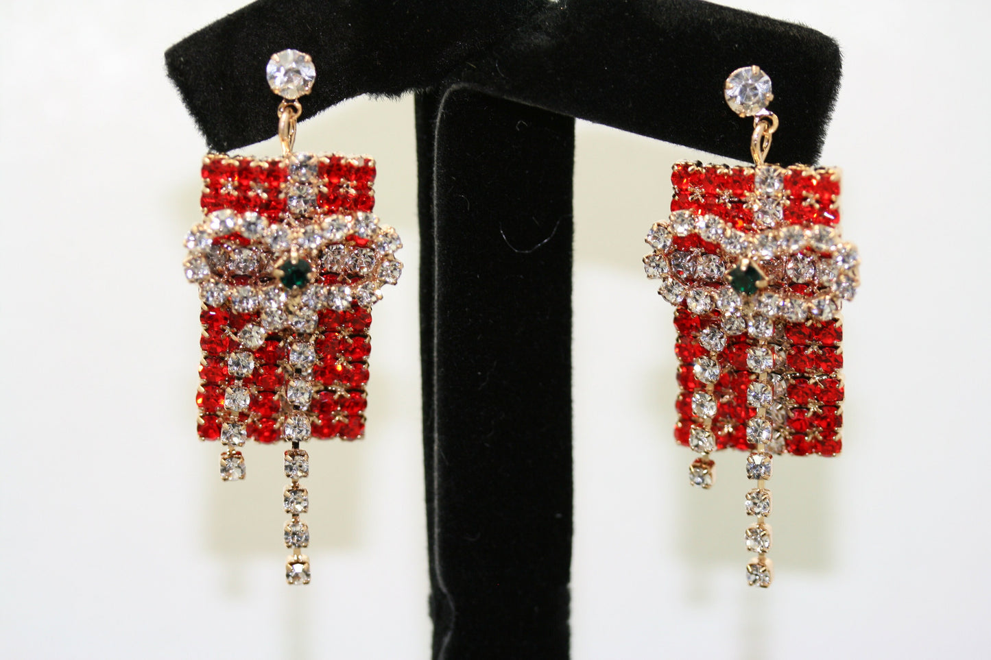 Rhinestone Christmas Present Box Brooch and Stud Dangling Present, Box Earrings Set, Fashion Costume Holiday Xmas Jewelry Gift