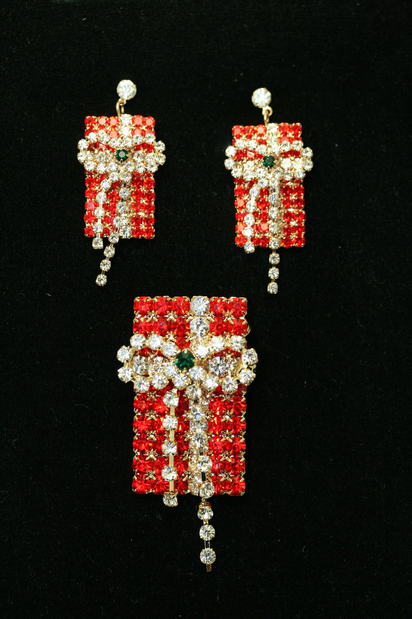 Rhinestone Christmas Present Box Brooch and Stud Dangling Present, Box Earrings Set, Fashion Costume Holiday Xmas Jewelry Gift
