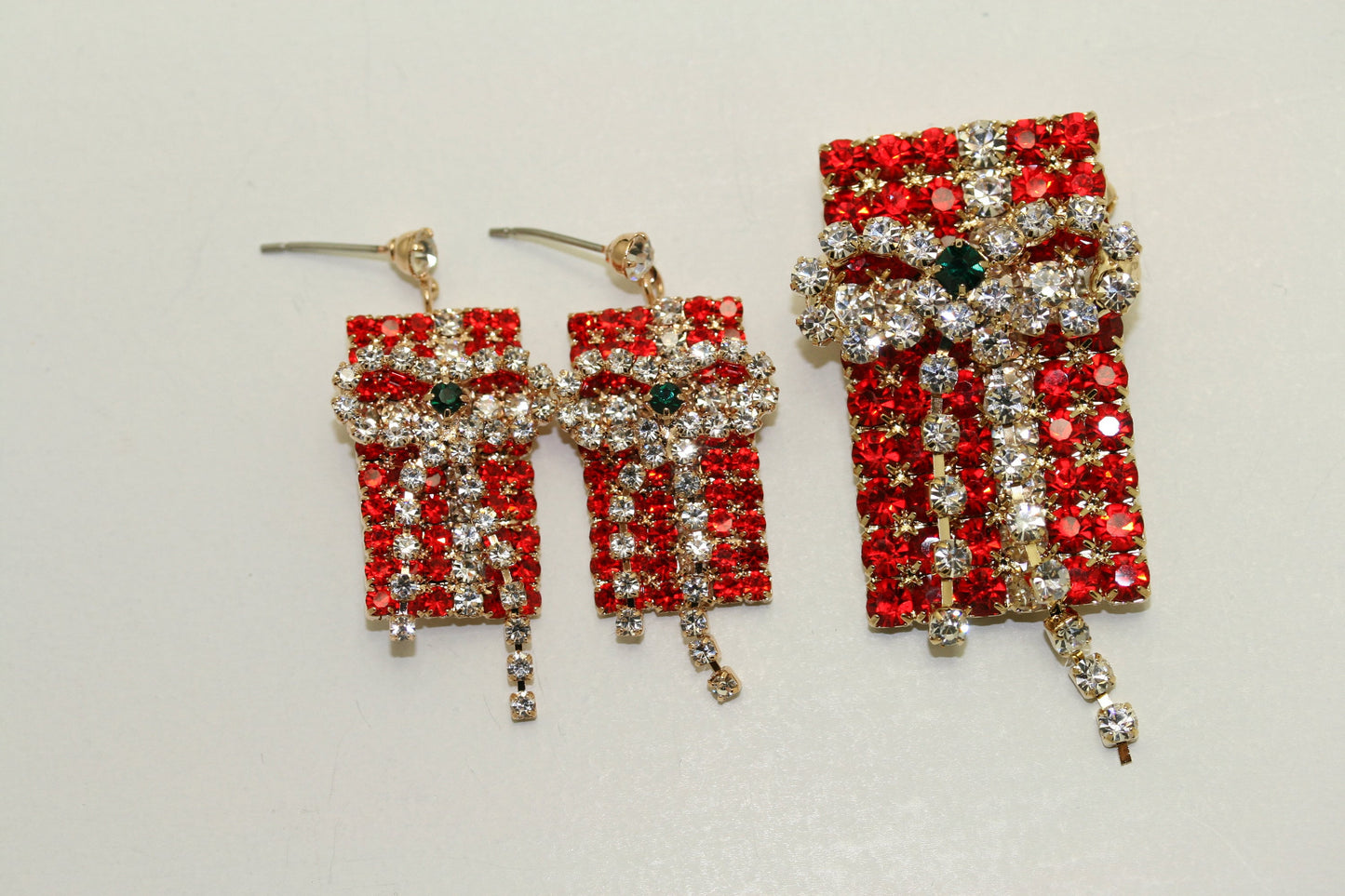 Rhinestone Christmas Present Box Brooch and Stud Dangling Present, Box Earrings Set, Fashion Costume Holiday Xmas Jewelry Gift