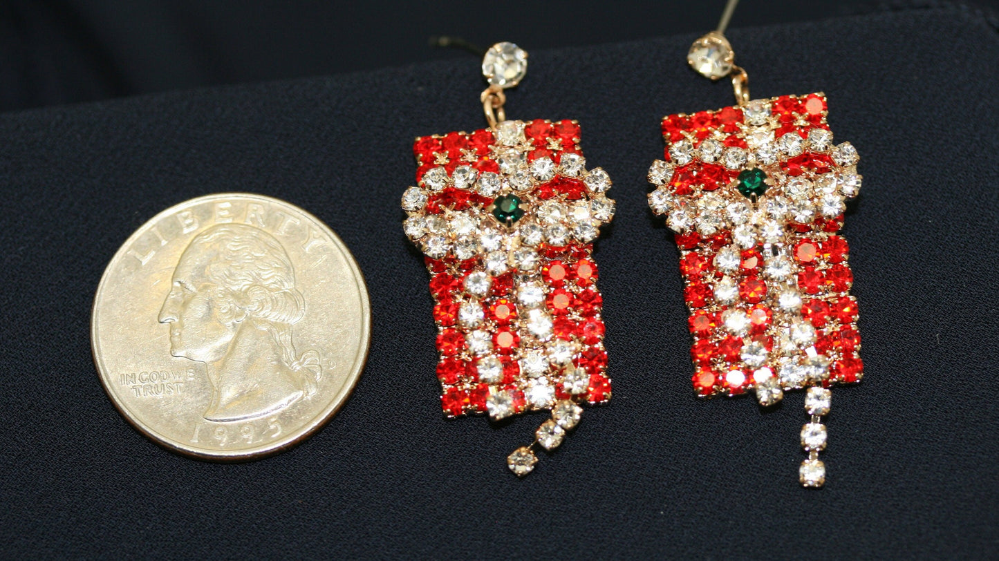 Rhinestone Christmas Present Box Brooch and Stud Dangling Present, Box Earrings Set, Fashion Costume Holiday Xmas Jewelry Gift