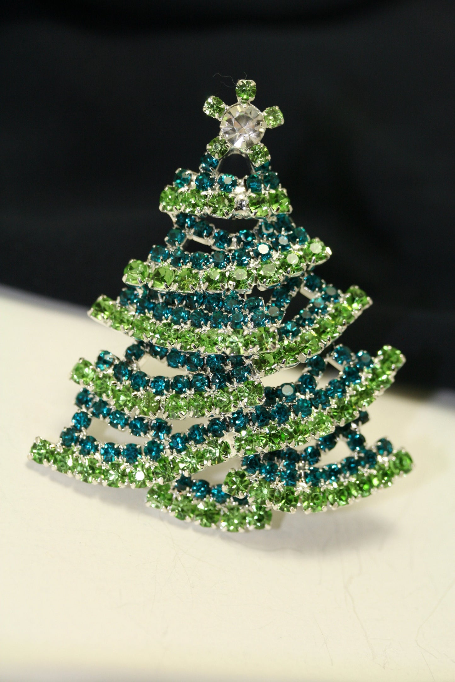 Green and White Rhinestone Christmas Tree Brooch Pin, Traditionally Christmas Jewelry, Christmas Accessories