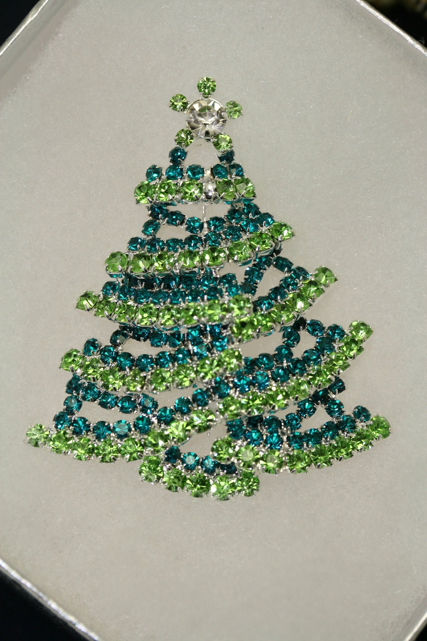 Green and White Rhinestone Christmas Tree Brooch Pin, Traditionally Christmas Jewelry, Christmas Accessories