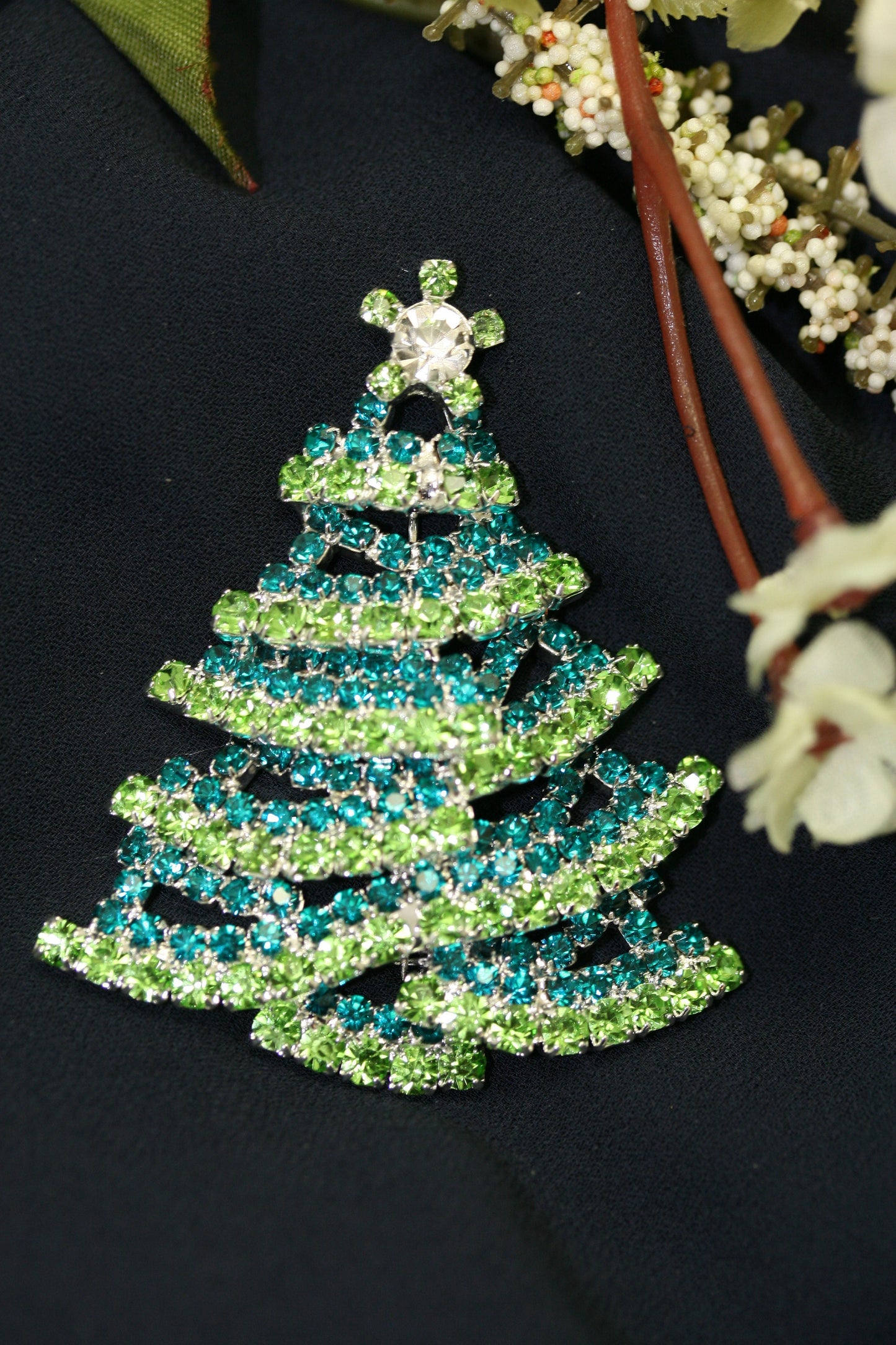 Green and White Rhinestone Christmas Tree Brooch Pin, Traditionally Christmas Jewelry, Christmas Accessories