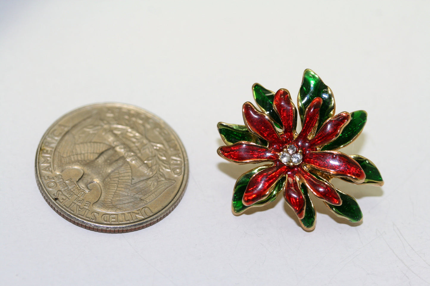 Christmas Enamel Poinsettia Brooch / Pin and Stud Post Earrings Set, Costume Jewelry, Christmas Holiday Jewelry Gift