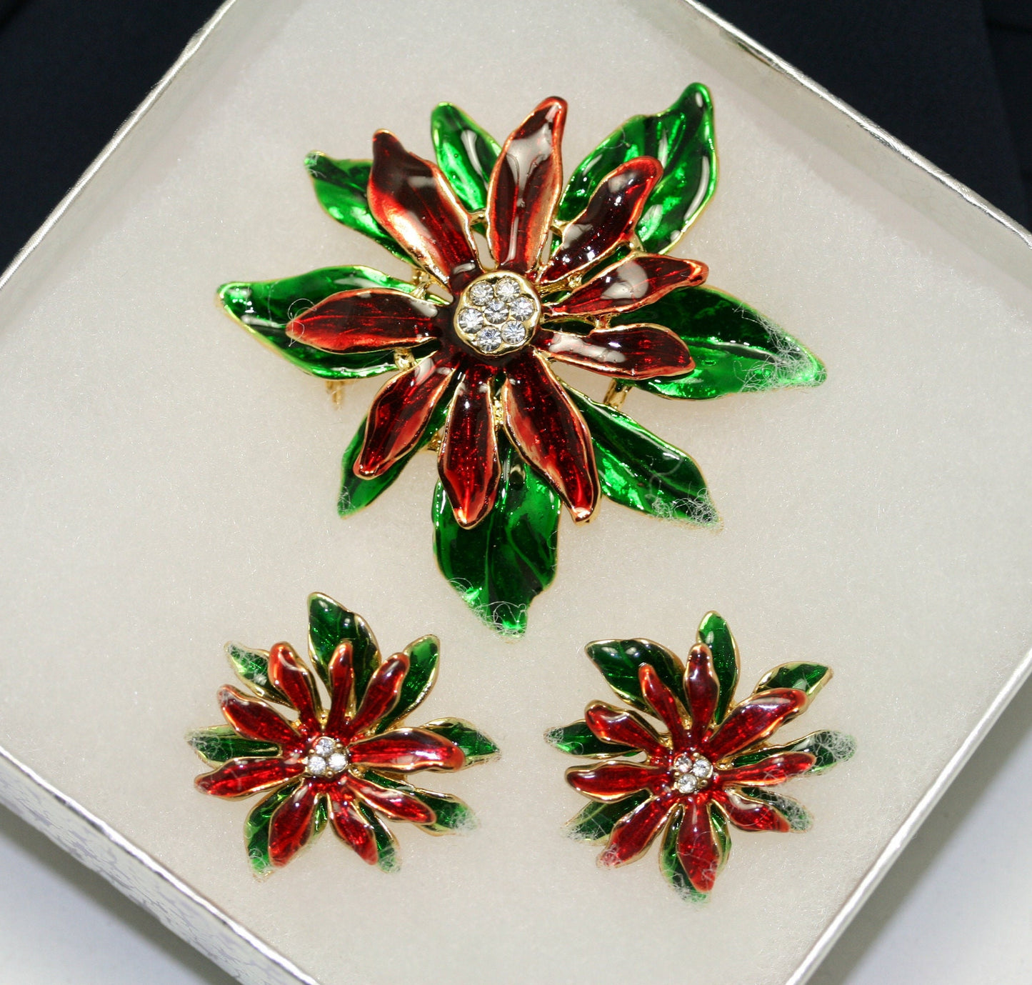 Christmas Enamel Poinsettia Brooch / Pin and Stud Post Earrings Set, Costume Jewelry, Christmas Holiday Jewelry Gift