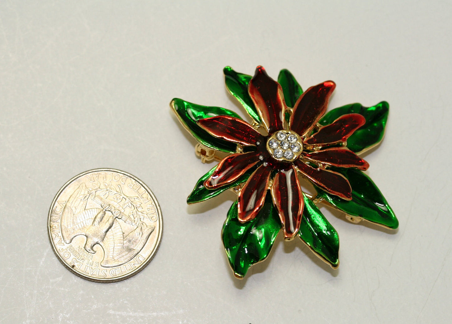 Christmas Enamel Poinsettia Brooch / Pin and Stud Post Earrings Set, Costume Jewelry, Christmas Holiday Jewelry Gift